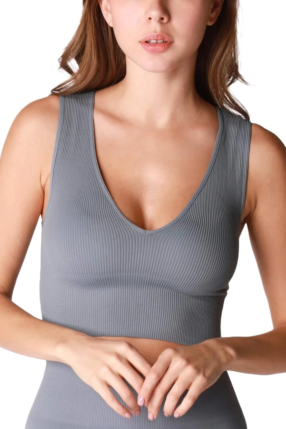 NIKIBIKI Women Seamless Plunge V-Neck Ribbed Crop Top, Made in U.S.A, One Size