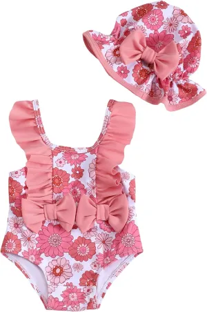 NZRVAWS Newborn Baby Girl Swimsuit One Piece Toddler Girl Bathing Suit with Hat Ruffled Bikini Infant Girls Swimwear