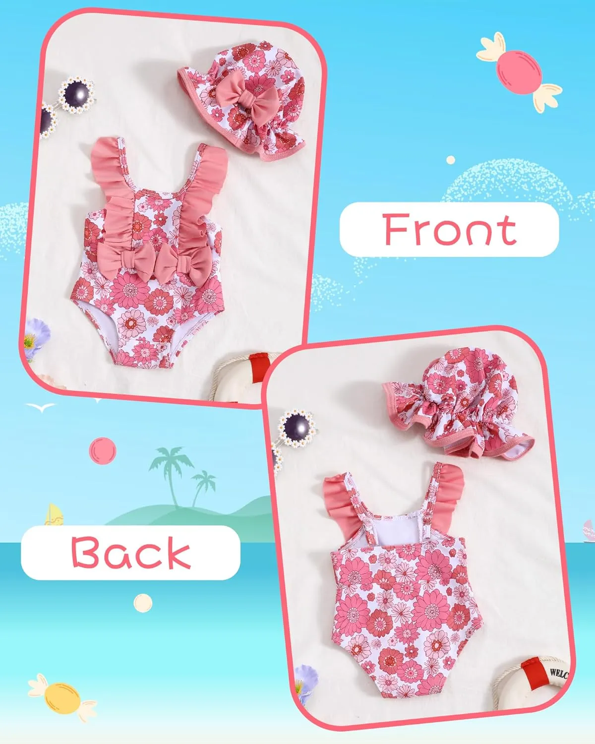 NZRVAWS Newborn Baby Girl Swimsuit One Piece Toddler Girl Bathing Suit with Hat Ruffled Bikini Infant Girls Swimwear