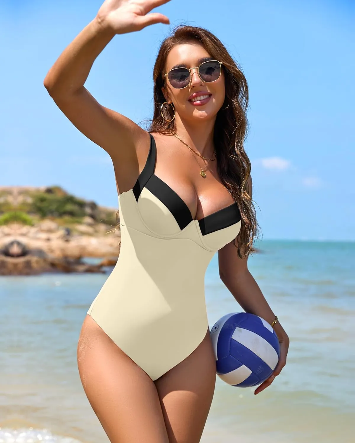 One Piece Swimsuit Women Tummy Control Push Up Underwire Swimwear Cheeky Bathing Suit Color Block Monokini