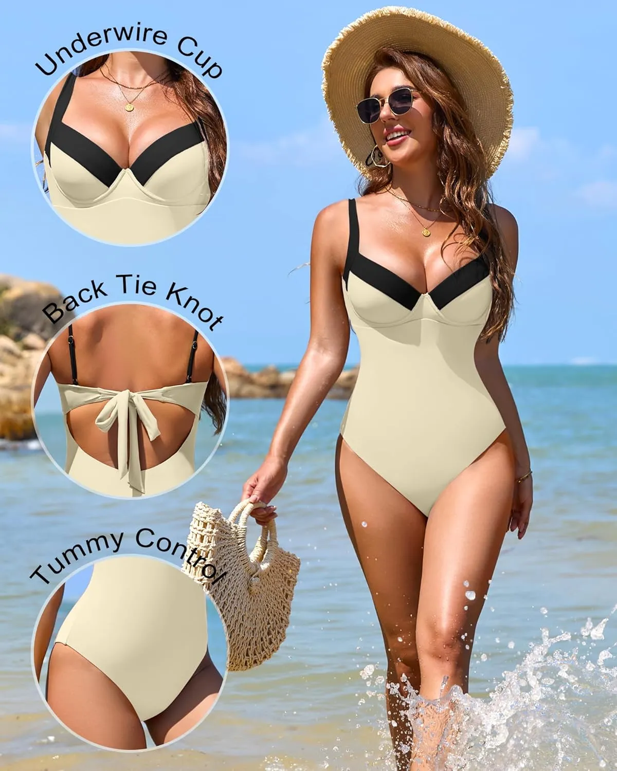 One Piece Swimsuit Women Tummy Control Push Up Underwire Swimwear Cheeky Bathing Suit Color Block Monokini