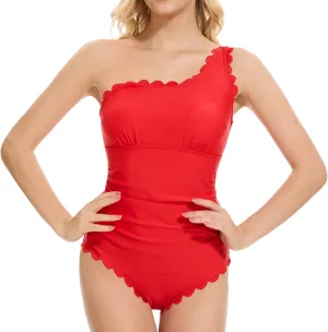 One Shoulder One Piece Swimsuit for Women Scalloped Bathing Suit Full Coverage Modest Slimming Swimwear