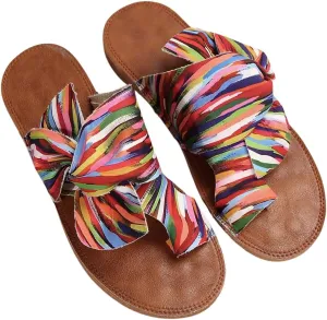 OYOANGLE Women's Colorful Bow Knot Toe Post Slide Sandals Comfortable Open Toe Sandals Summer Beach Shoes