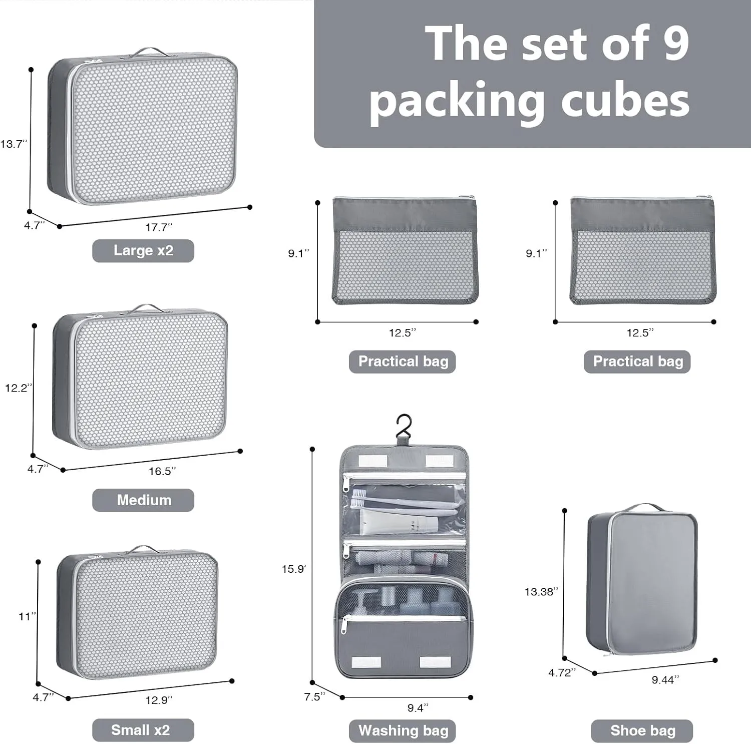 Packing Cubes for Travel 9 Set, Luggage Organizer Bags Organizer for Luggage, Travel Packing Organizers for Clothes Shoes Toiletries Data Cable.(Grey)