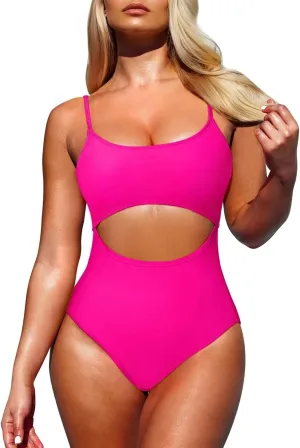 Pink Queen Women's One Piece Swimsuit Spaghetti Strap Scoop Neck Cutout High Waisted Bathing Suit Monokini