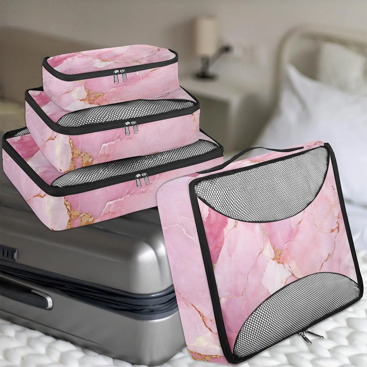 Pink Turquoise Gold Marble Packing Cubes for Suitcases Luggage Organizer Bags Set Travel Packing Organizers Multiple Sizes for Clothes Shoes Cosmetics Toiletries