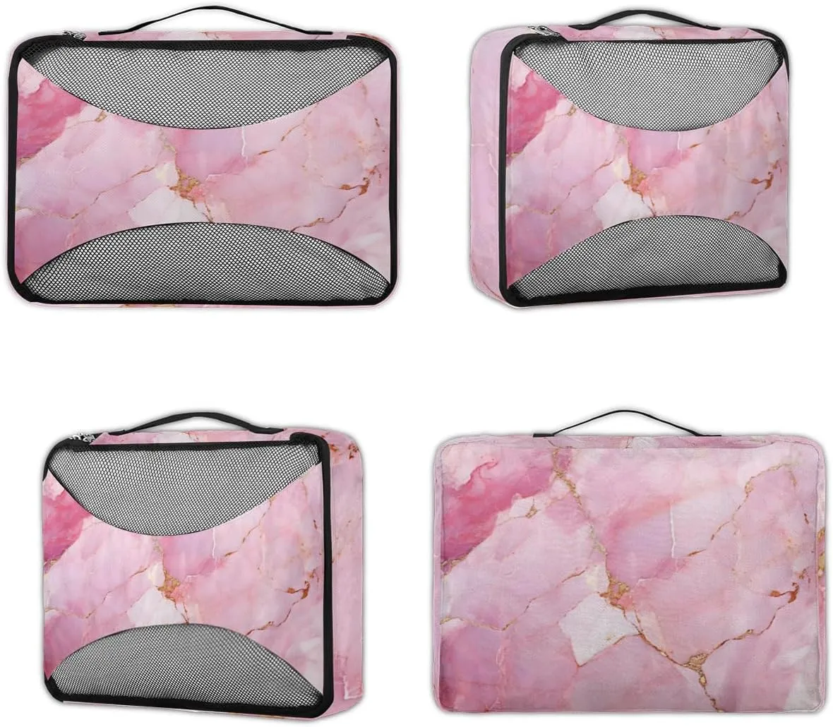 Pink Turquoise Gold Marble Packing Cubes for Suitcases Luggage Organizer Bags Set Travel Packing Organizers Multiple Sizes for Clothes Shoes Cosmetics Toiletries