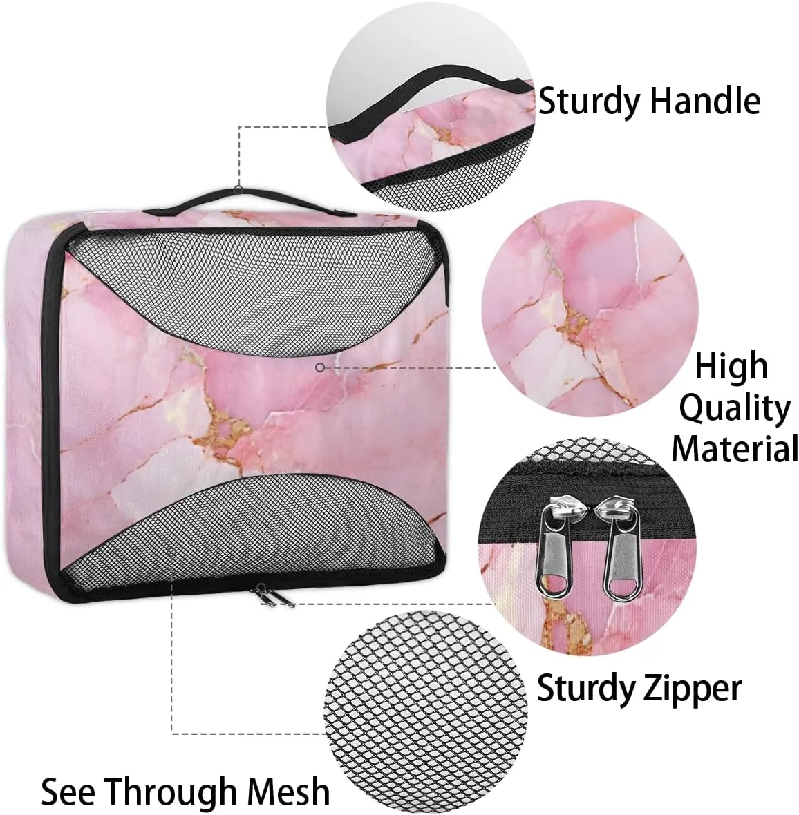 Pink Turquoise Gold Marble Packing Cubes for Suitcases Luggage Organizer Bags Set Travel Packing Organizers Multiple Sizes for Clothes Shoes Cosmetics Toiletries