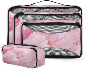 Pink Turquoise Gold Marble Packing Cubes for Suitcases Luggage Organizer Bags Set Travel Packing Organizers Multiple Sizes for Clothes Shoes Cosmetics Toiletries