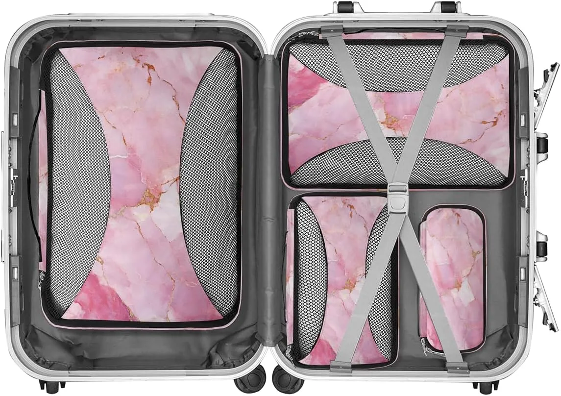 Pink Turquoise Gold Marble Packing Cubes for Suitcases Luggage Organizer Bags Set Travel Packing Organizers Multiple Sizes for Clothes Shoes Cosmetics Toiletries