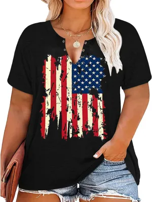 Plus Size USA Flag V-Neck T-Shirt Women Distressed American Flag Graphic Tees Short Sleeve 4th of July Patriotic Tops