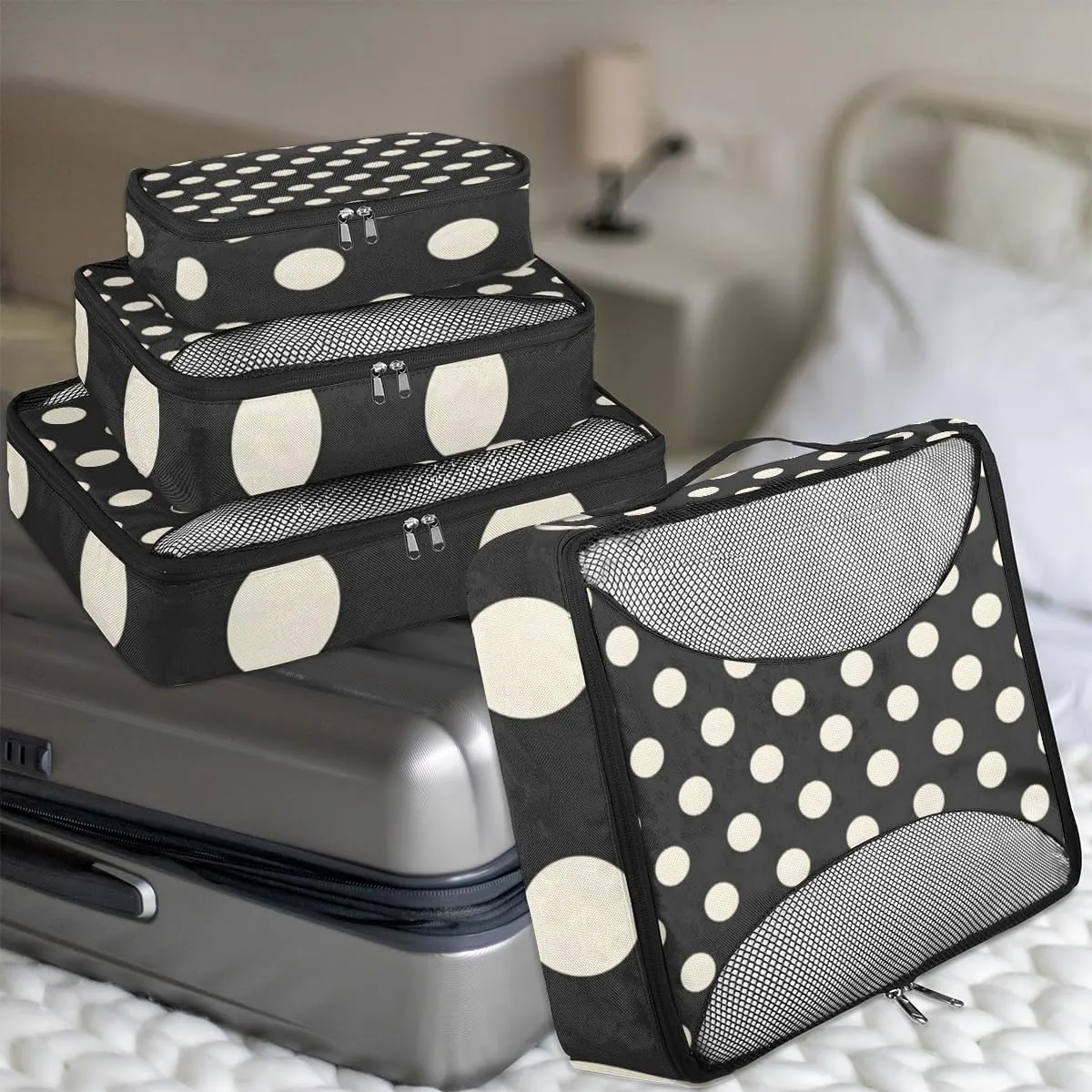 Polka Dot Black White Packing Cubes for Suitcases Luggage Organizer Bags Set Travel Packing Organizers Multiple Sizes for Clothes Shoes Cosmetics Toiletries