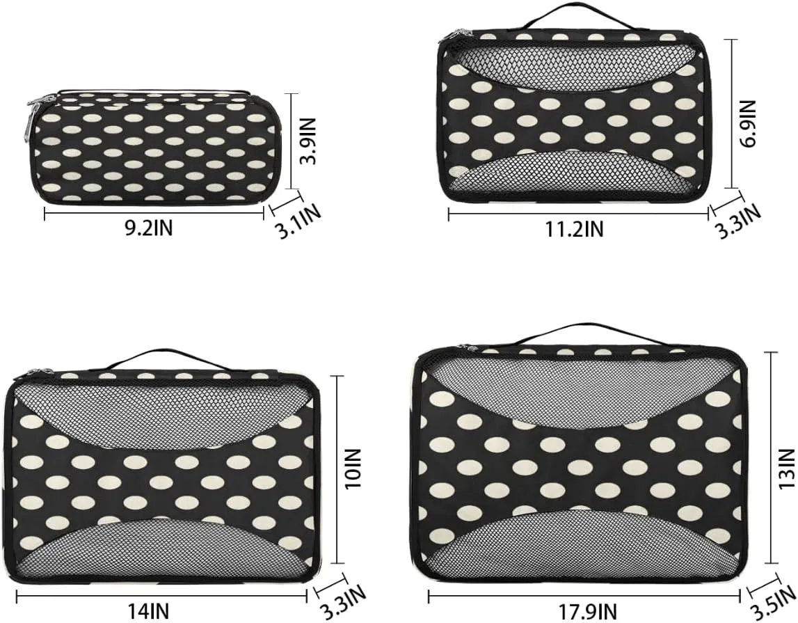 Polka Dot Black White Packing Cubes for Suitcases Luggage Organizer Bags Set Travel Packing Organizers Multiple Sizes for Clothes Shoes Cosmetics Toiletries