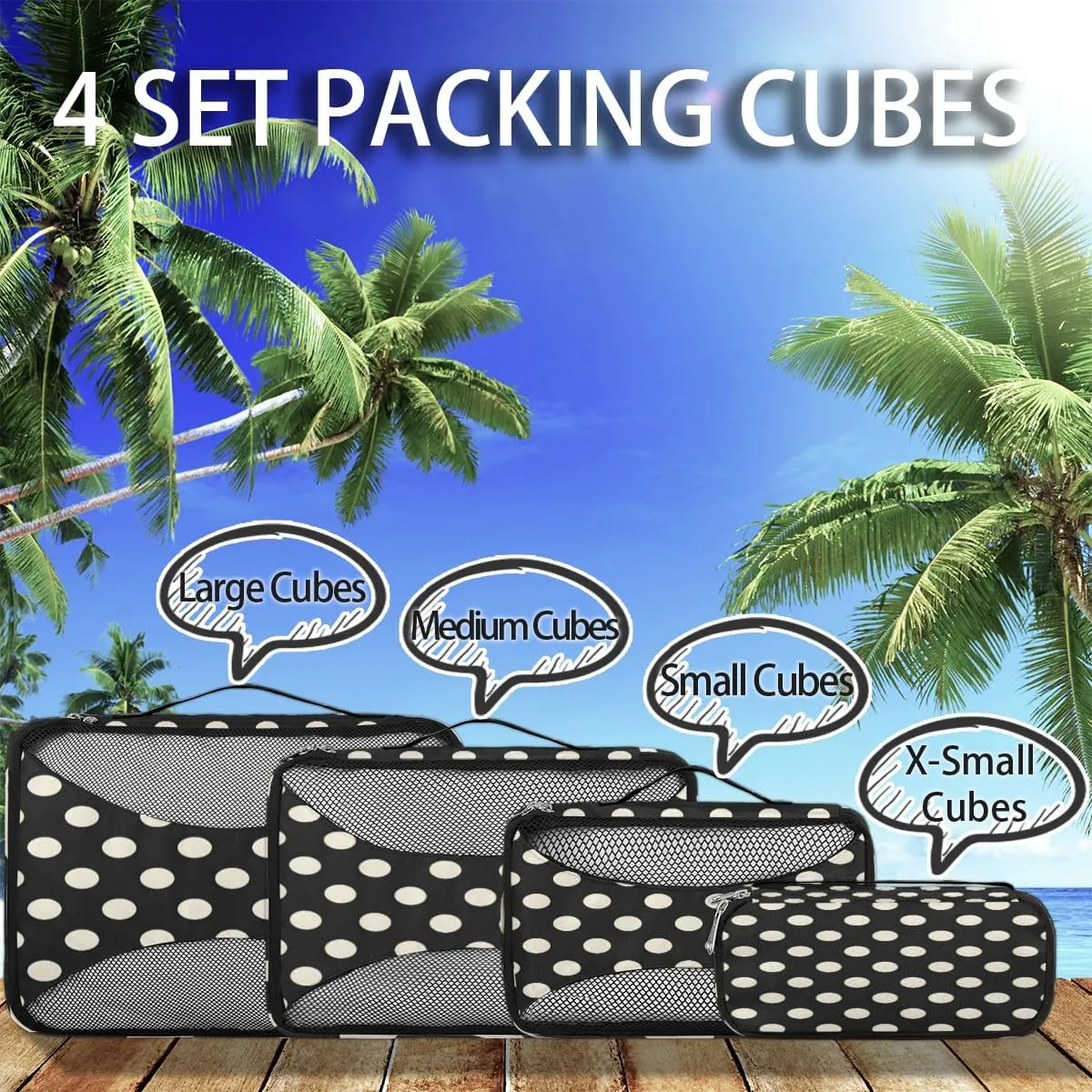 Polka Dot Black White Packing Cubes for Suitcases Luggage Organizer Bags Set Travel Packing Organizers Multiple Sizes for Clothes Shoes Cosmetics Toiletries