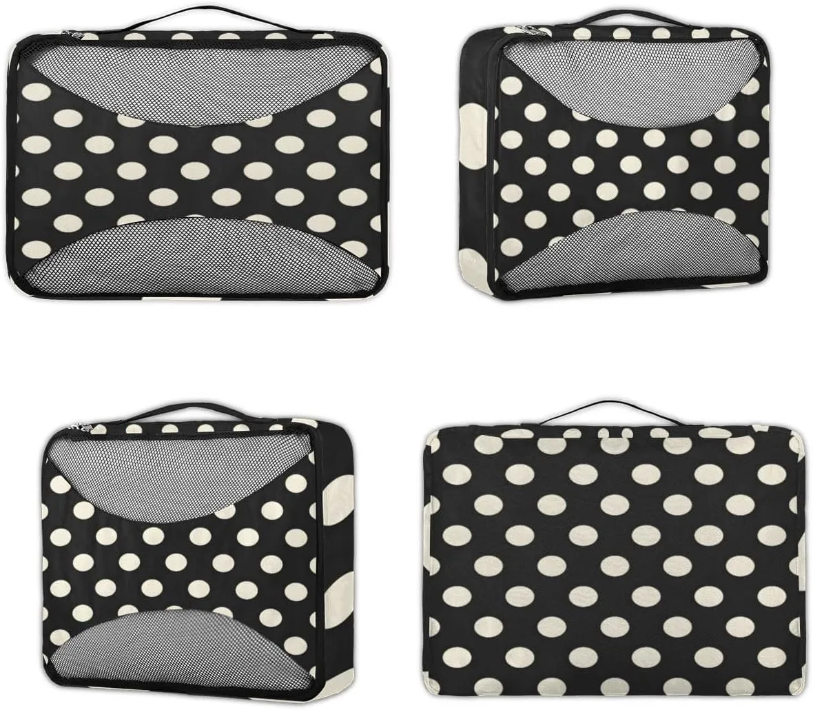 Polka Dot Black White Packing Cubes for Suitcases Luggage Organizer Bags Set Travel Packing Organizers Multiple Sizes for Clothes Shoes Cosmetics Toiletries