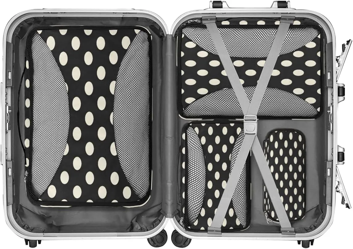 Polka Dot Black White Packing Cubes for Suitcases Luggage Organizer Bags Set Travel Packing Organizers Multiple Sizes for Clothes Shoes Cosmetics Toiletries