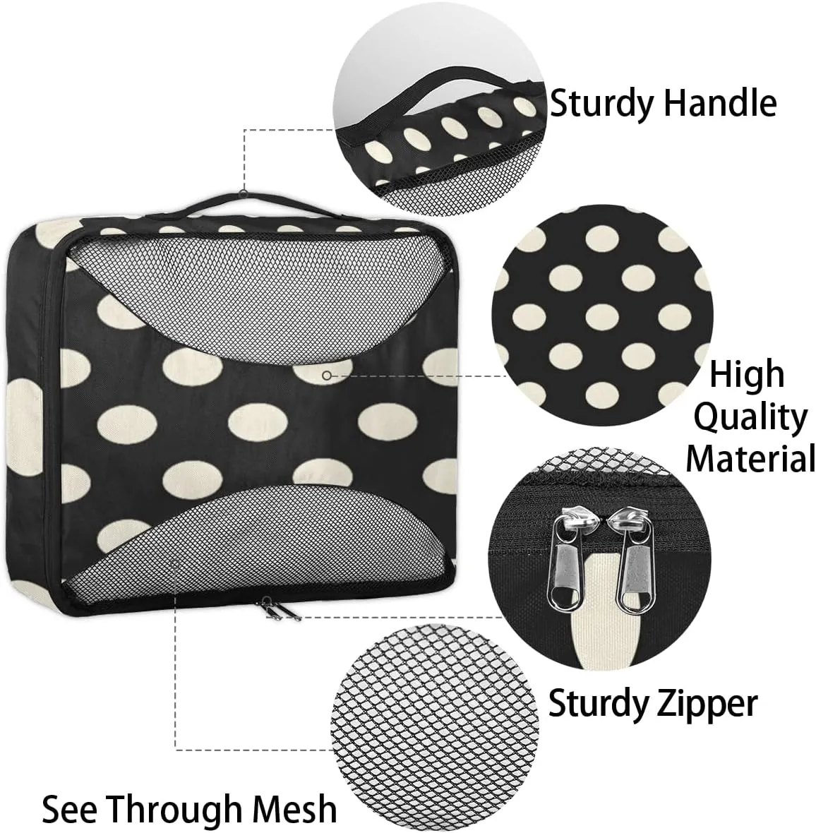 Polka Dot Black White Packing Cubes for Suitcases Luggage Organizer Bags Set Travel Packing Organizers Multiple Sizes for Clothes Shoes Cosmetics Toiletries