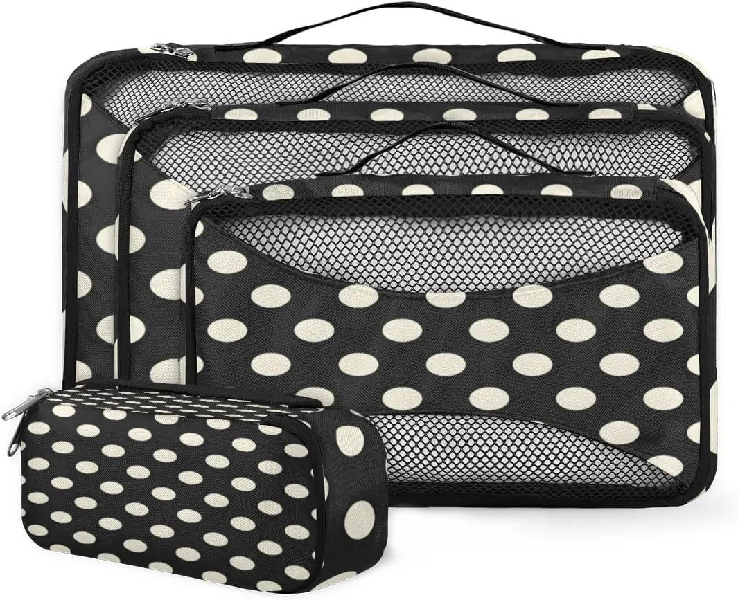 Polka Dot Black White Packing Cubes for Suitcases Luggage Organizer Bags Set Travel Packing Organizers Multiple Sizes for Clothes Shoes Cosmetics Toiletries