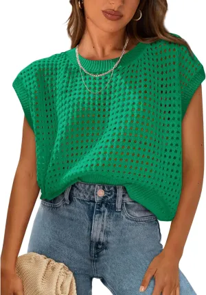 PRETTYGARDEN Womens Spring Tops 2025 Summer Shirts Crochet Cap Sleeve Sweater Pullover Cute Beach Vacation Clothes