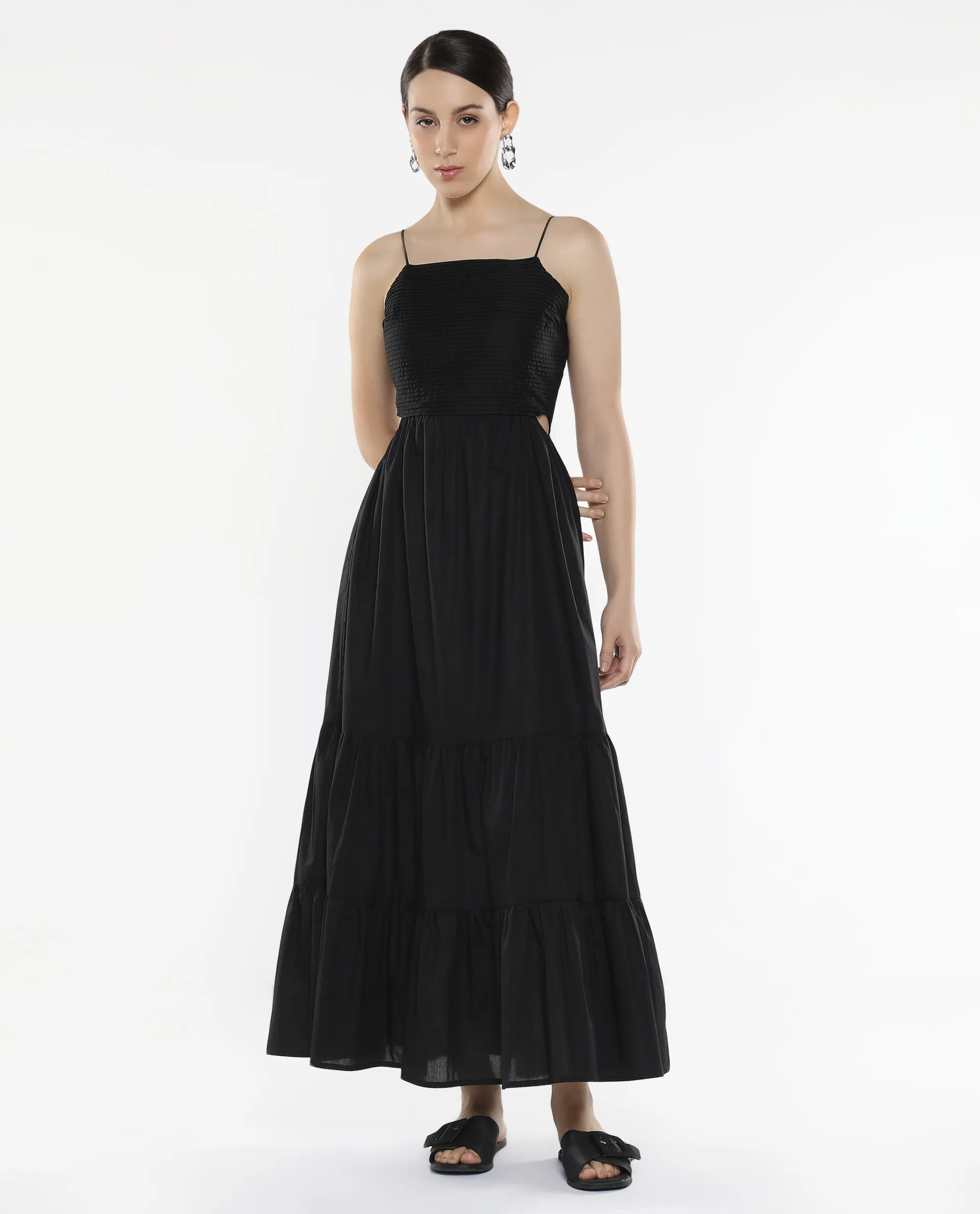 Rareism Women Schor Black Cotton Fabric Sleeveless Shoulder Straps Zipper Closure Maxi Maxi Plain Dress