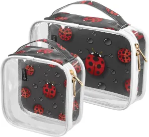 Red Ladybugs 2 Pieces Clear Makeup Cosmetic Toiletry Bags for Women Men PVC Waterproof Portable Travel Storage Carry Pouch with Gold Zippers Plastic Tote Bags for Vacation Bathroom Organizing