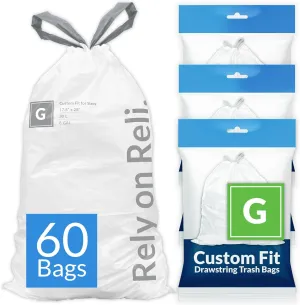 Reli. Custom Fit G Trash Bags (60 Count) Fits Simplehuman Code G Bags 30 L, 8 Gal | Drawstring Trashbag | White 8 Gallon Trashbags Drawstring | 17.5x28" (3 Packs) 1.2 Mil