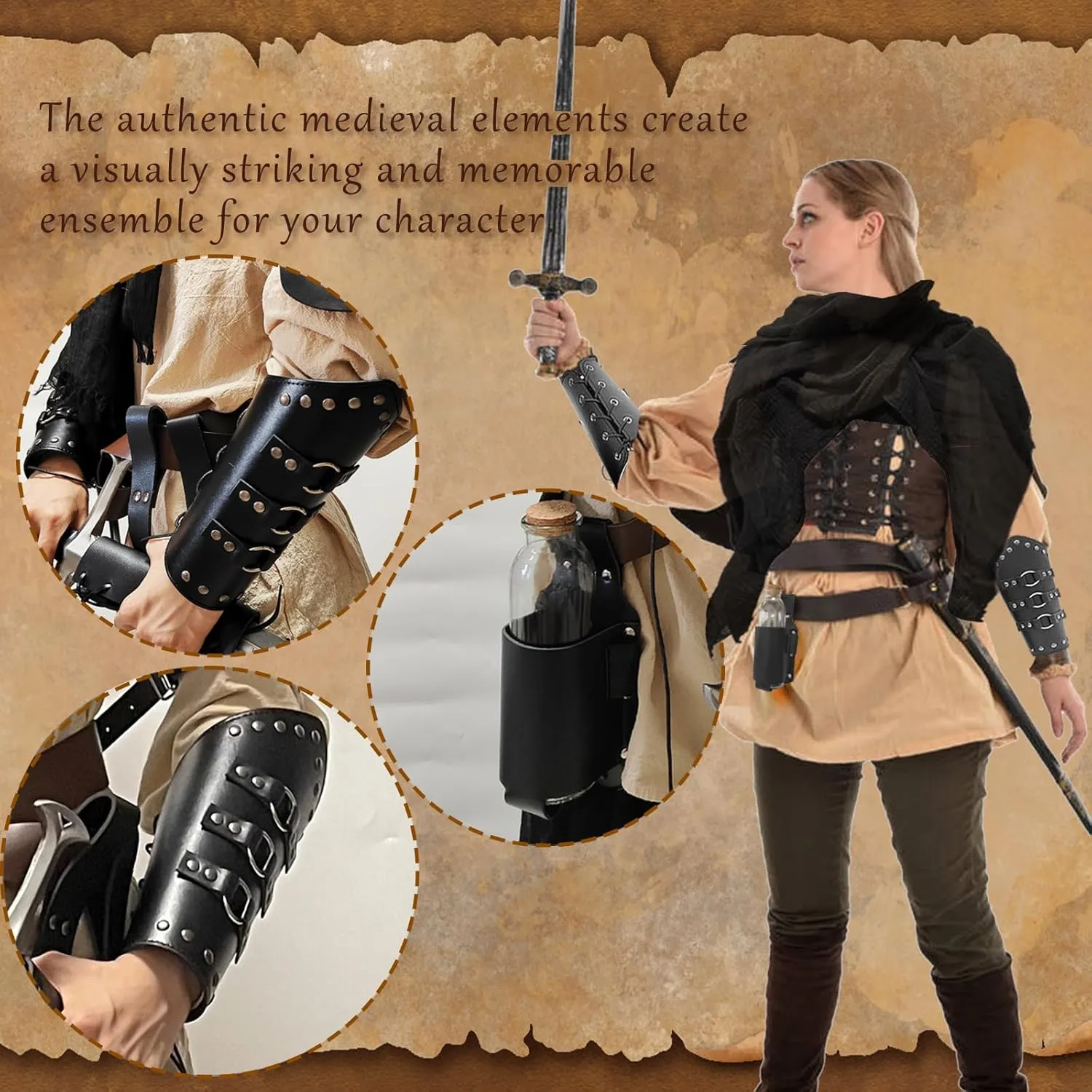 Renaissance Accessories Medieval Costume Men Knight Cosplay Leather Belt Pouch Shoulder Cape Cloak Buckle Bracers