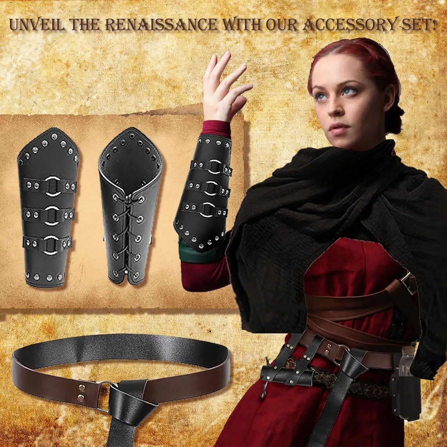 Renaissance Accessories Medieval Costume Men Knight Cosplay Leather Belt Pouch Shoulder Cape Cloak Buckle Bracers