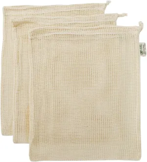Reusable Produce Shopping and Storage Bags, Drawstring, Washable Organic Cotton Mesh, Large 3 pack