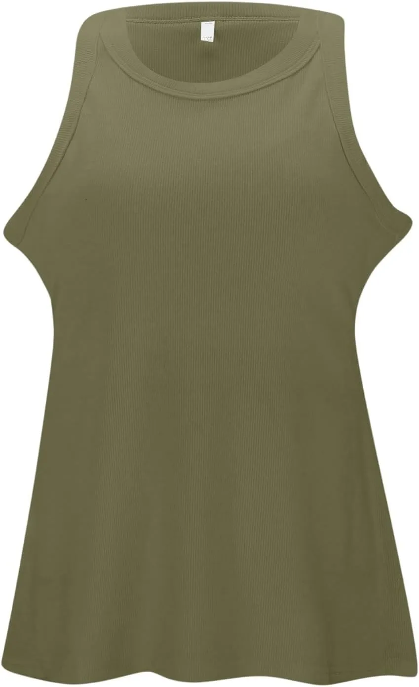 Ribbed Tank Tops for Women with Built in Bra Casual Crew Neck Sleeveless Shirts Basic Workout Camisole Tees