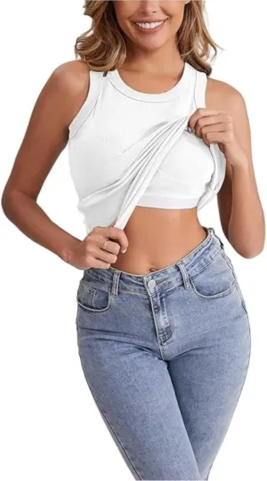 Ribbed Tank Tops for Women with Built in Bra Casual Crew Neck Sleeveless Shirts Basic Workout Camisole Tees
