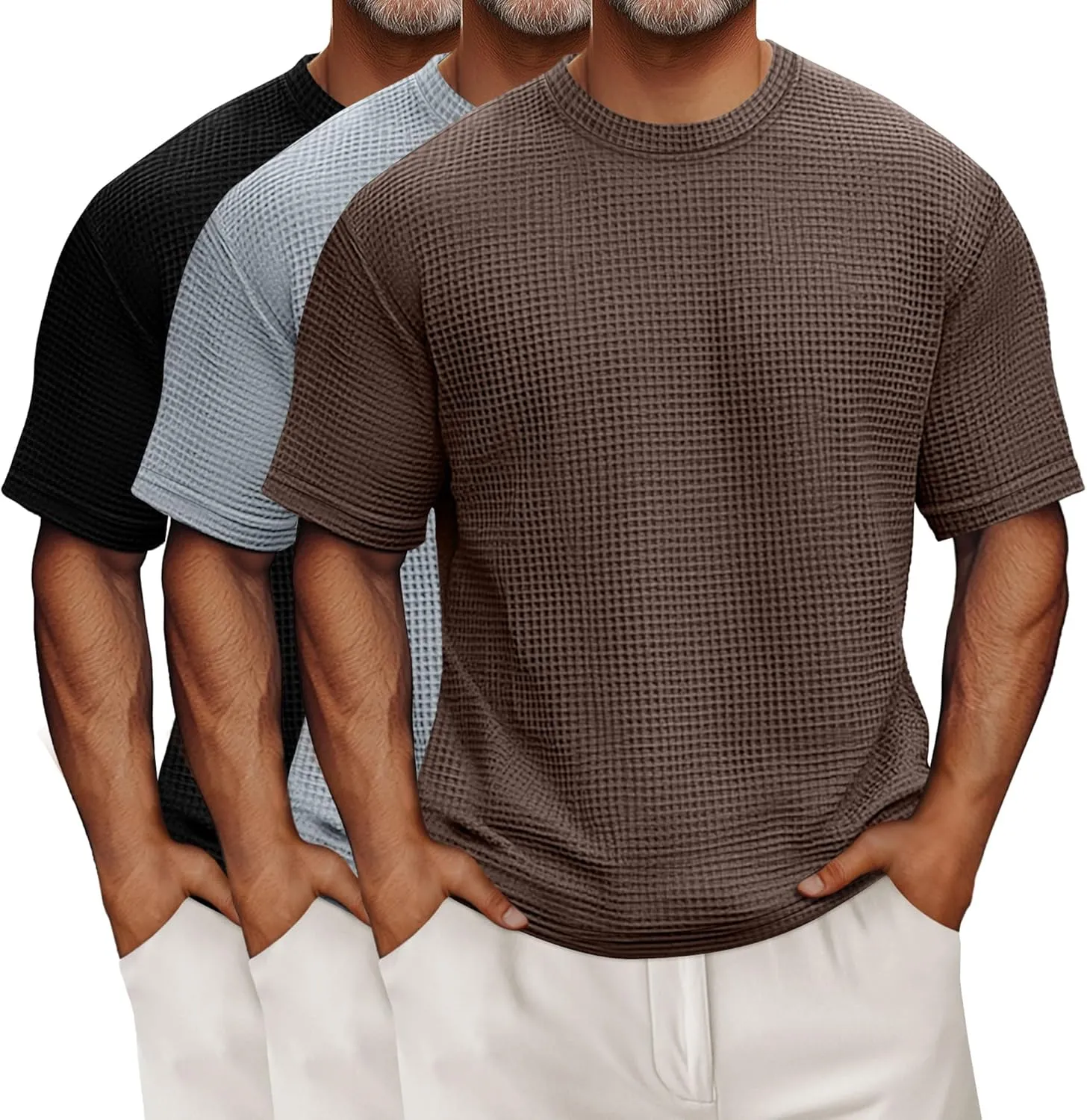 Riyiper 3 Pack Men's Big and Tall Waffle T Shirts, Short Sleeve Crew Neck Tops Casual Textured Knit Pullover Lightweight Tees