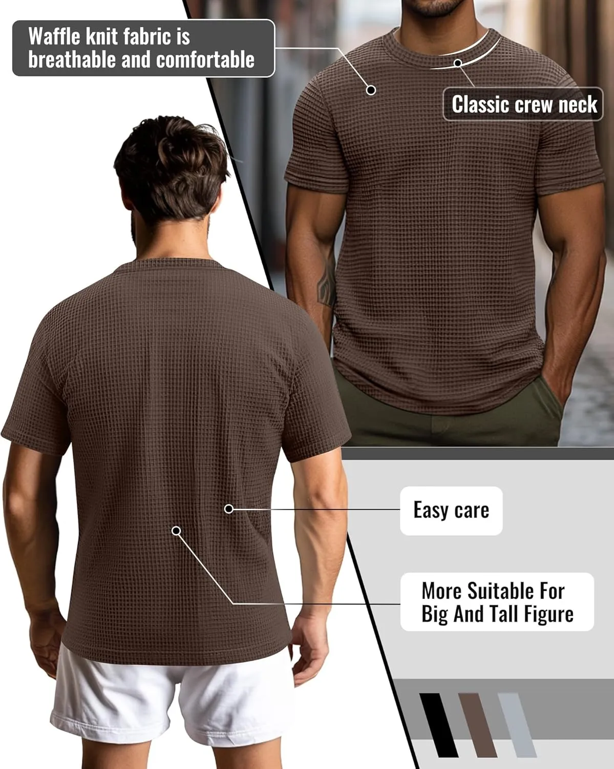 Riyiper 3 Pack Men's Big and Tall Waffle T Shirts, Short Sleeve Crew Neck Tops Casual Textured Knit Pullover Lightweight Tees