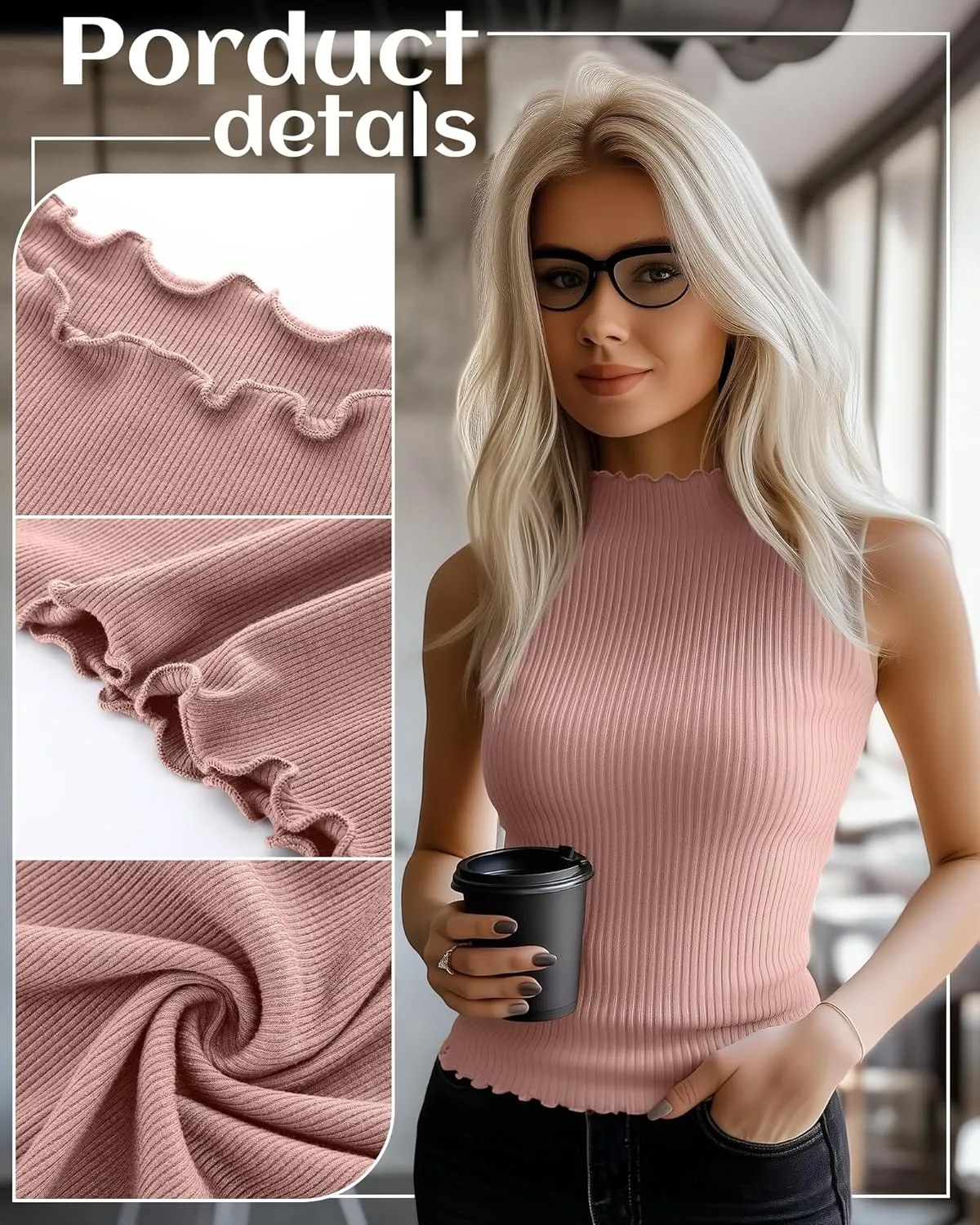 Riyiper 3 Pack Women's Sleeveless Mock Turtlenecks Shirts Lettuce Trim Ribbed Knit Slim Summer Casual Tank Tops Basic Tees