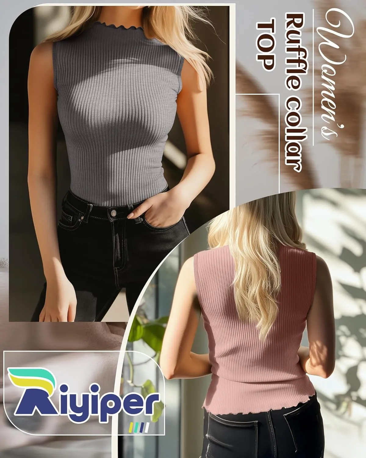 Riyiper 3 Pack Women's Sleeveless Mock Turtlenecks Shirts Lettuce Trim Ribbed Knit Slim Summer Casual Tank Tops Basic Tees
