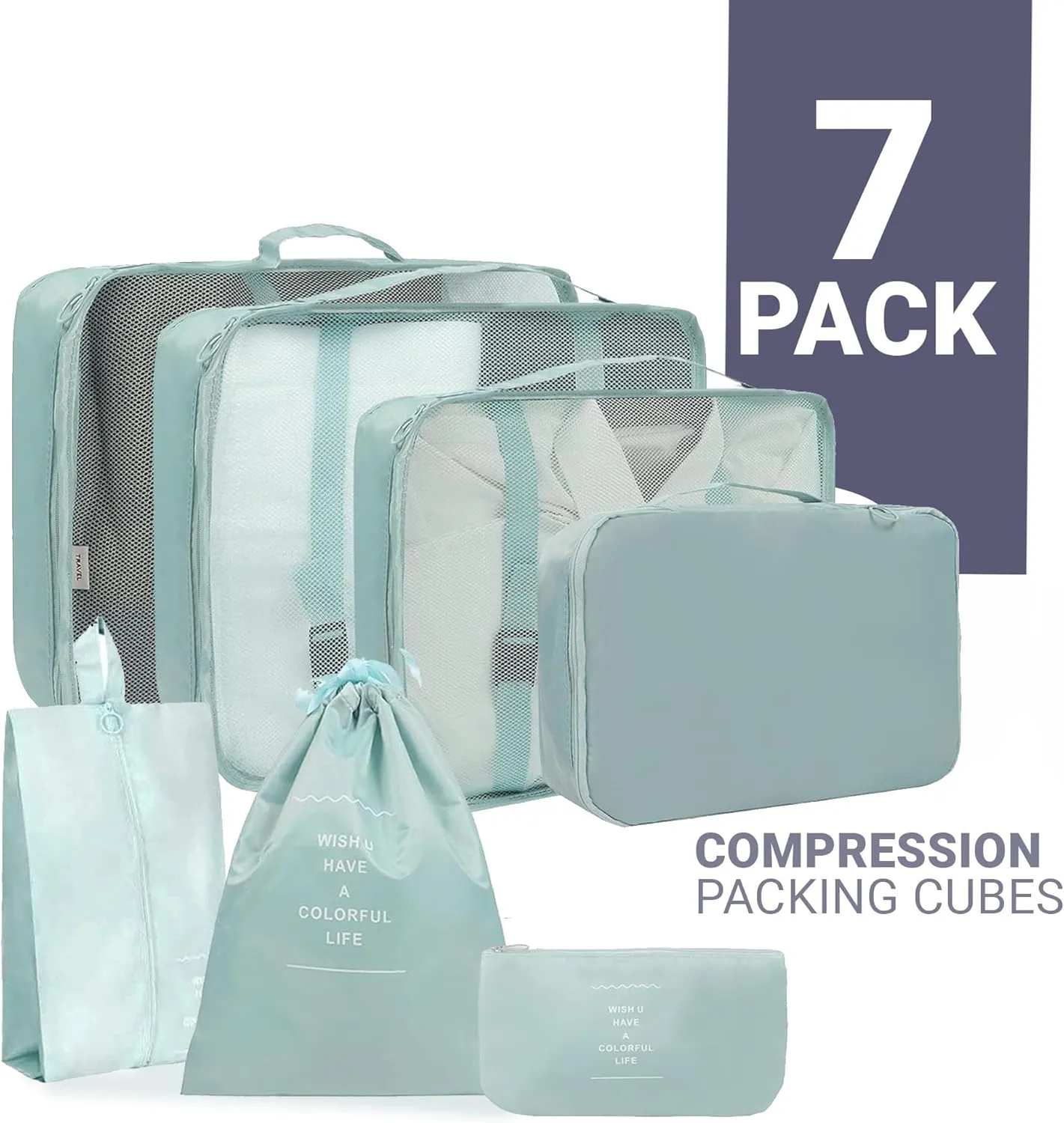 RORMI - 7 Set Packing Cubes Luggage Organizer with Zipper for Packing Suitcase Travel Packing Organizers for Clothes and Shoes with Laundry bags (Blue)