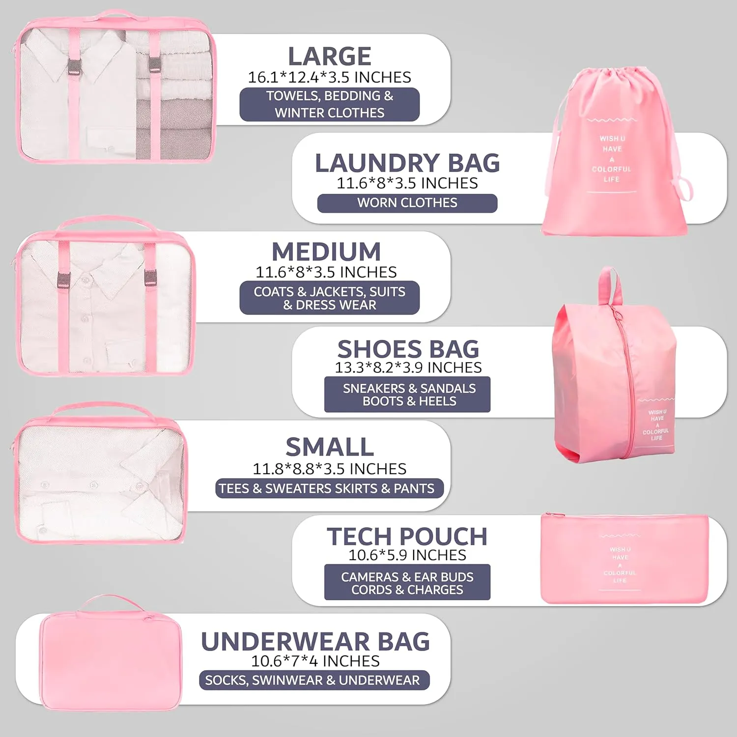 RORMI - 7 Set Packing Cubes Luggage Organizer with Zipper for Packing Suitcase Travel Packing Organizers for Clothes and Shoes with Laundry bags (Pink)