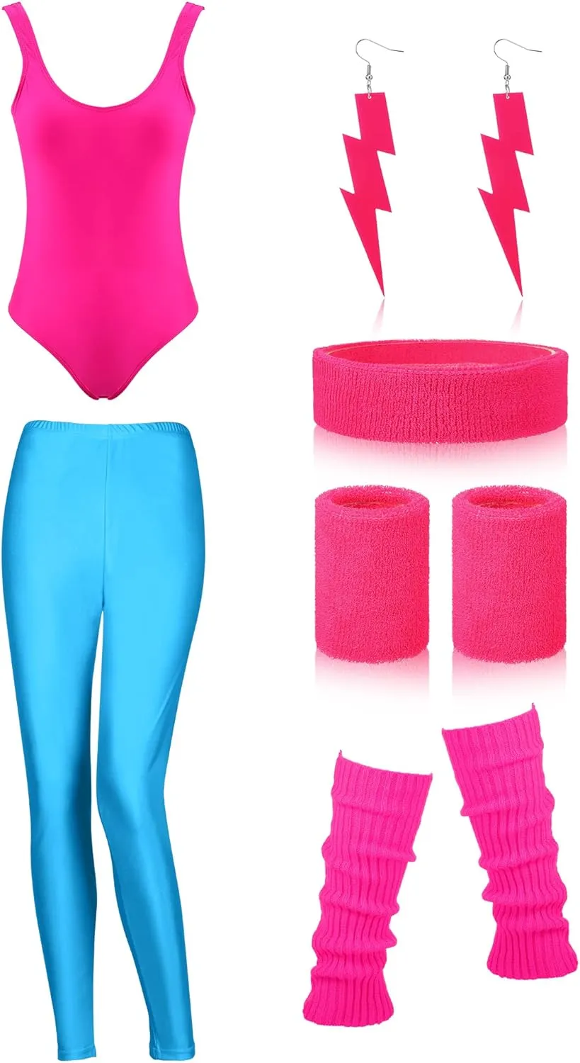 SATINIOR Women 80s 90s Workout Costume Outfit Accessories Set Leg Warmers Headband Wristbands Earrings Swimwear Suit