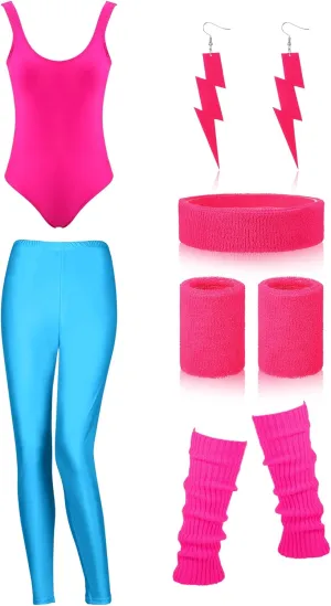 SATINIOR Women 80s 90s Workout Costume Outfit Accessories Set Leg Warmers Headband Wristbands Earrings Swimwear Suit