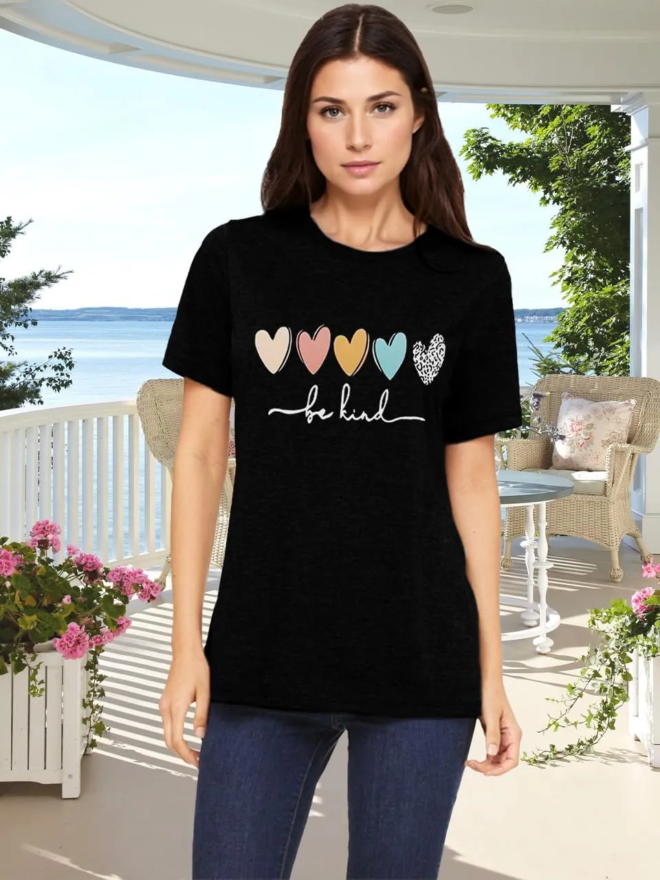 Savarana Graphic Tees for Women Be Kind Letter Print Shirts Funny Love Heart T Shirt Inspirational Happy Short Sleeve Tops