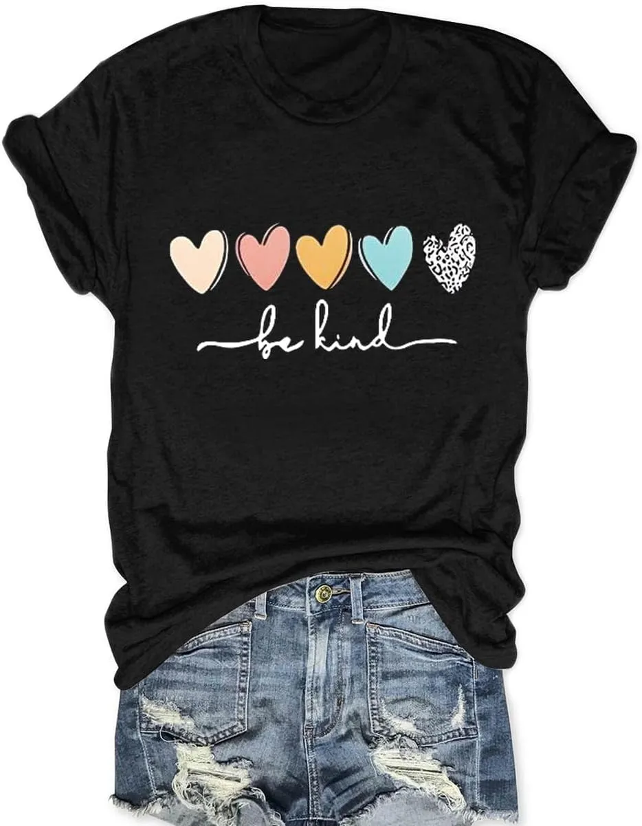 Savarana Graphic Tees for Women Be Kind Letter Print Shirts Funny Love Heart T Shirt Inspirational Happy Short Sleeve Tops
