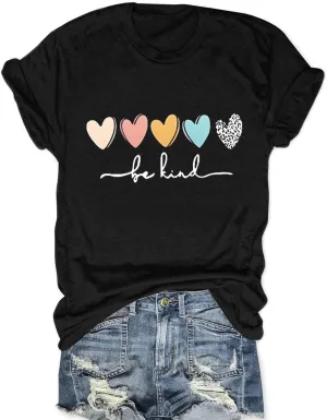 Savarana Graphic Tees for Women Be Kind Letter Print Shirts Funny Love Heart T Shirt Inspirational Happy Short Sleeve Tops