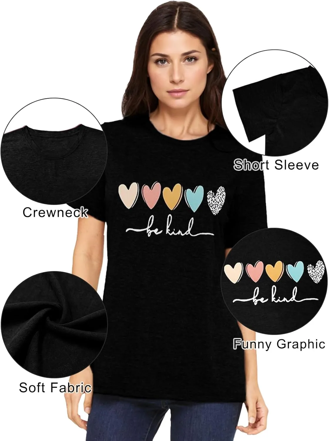 Savarana Graphic Tees for Women Be Kind Letter Print Shirts Funny Love Heart T Shirt Inspirational Happy Short Sleeve Tops