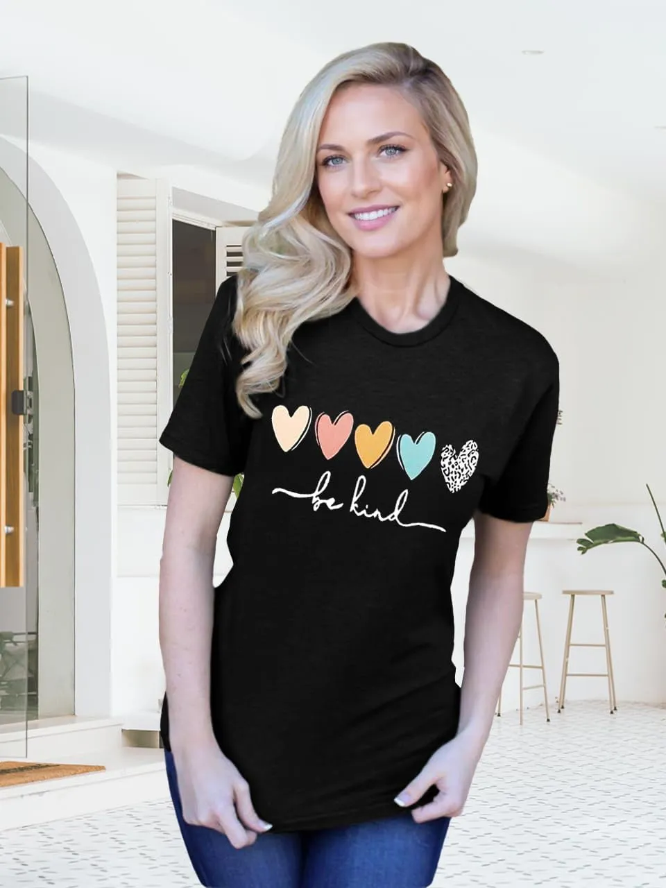 Savarana Graphic Tees for Women Be Kind Letter Print Shirts Funny Love Heart T Shirt Inspirational Happy Short Sleeve Tops
