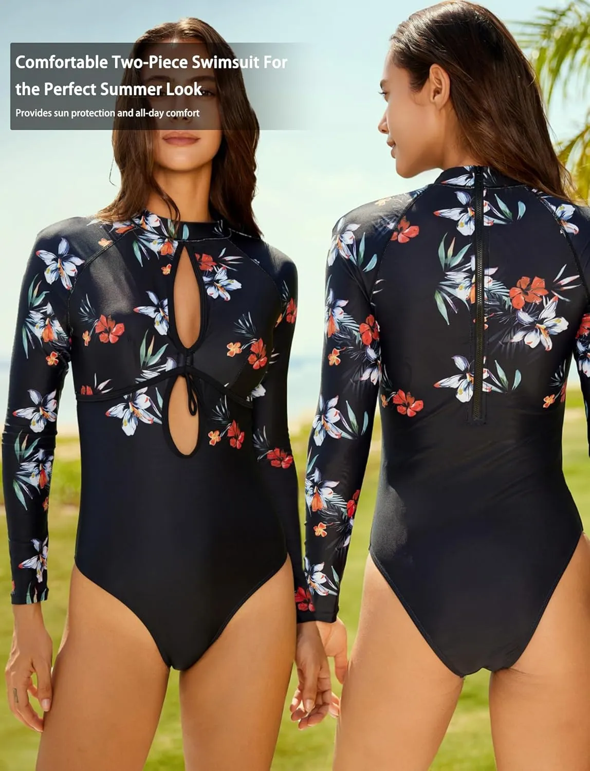 SEAUR Women Long Sleeve Rash Guard One Piece Swimsuit Zipper Surfing Bathing Suit UPF 50  Modest Swimsuit