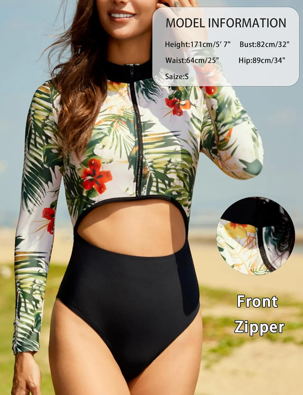 SEAUR Women Long Sleeve Rash Guard One Piece Swimsuit Zipper Surfing Bathing Suit UPF 50  Modest Swimsuit