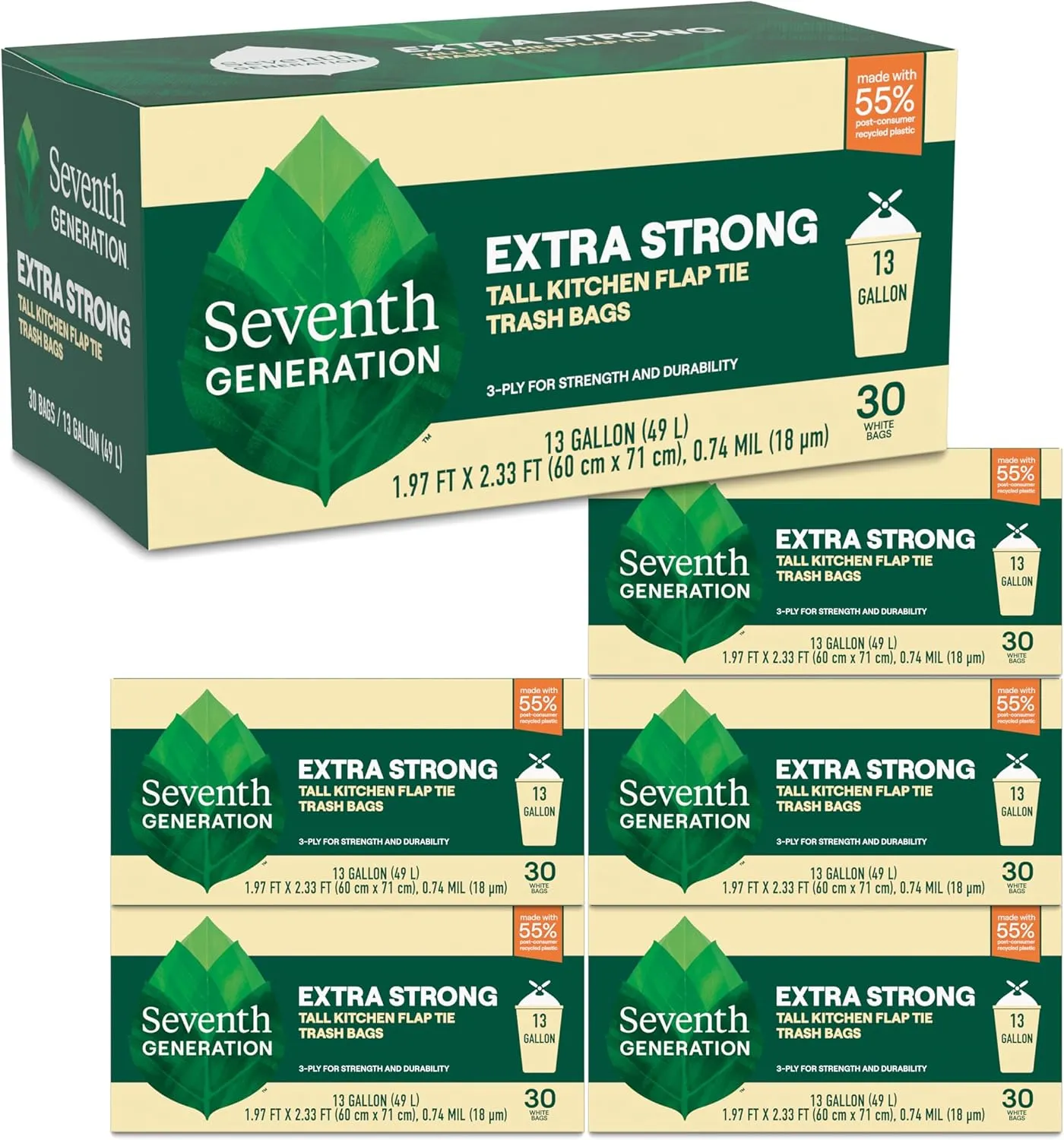 Seventh Generation Extra Strong Tall Kitchen Trash Bags 13 Gallon Pack of 6 30 count