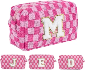 SHOW-YA Checkered Makeup Bag - Personalized Makeup Bags,Travel Toiletry Bag Organizer,Cute Makeup bag,Cosmetic Bags for Women,Letter M