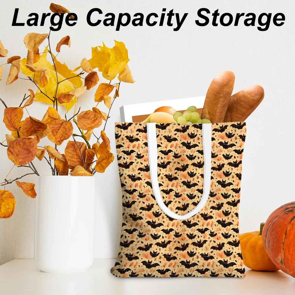 Single-Side Printed Fall Halloween Canvas Tote Bag for Women Pumpkin Autumn Thanksgiving Reusable Grocery Bags