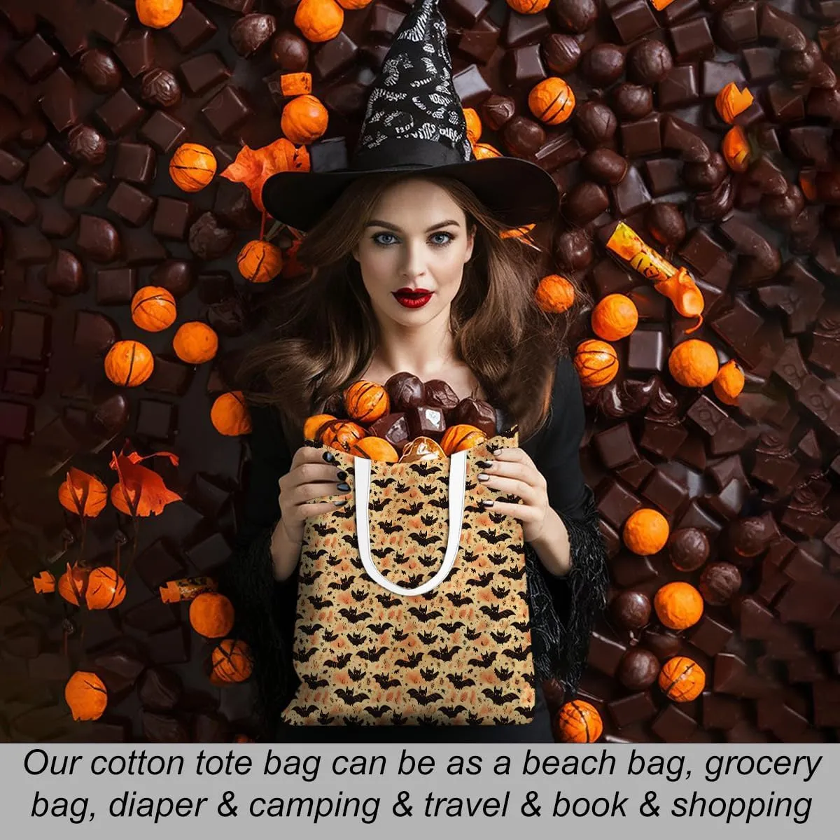 Single-Side Printed Fall Halloween Canvas Tote Bag for Women Pumpkin Autumn Thanksgiving Reusable Grocery Bags